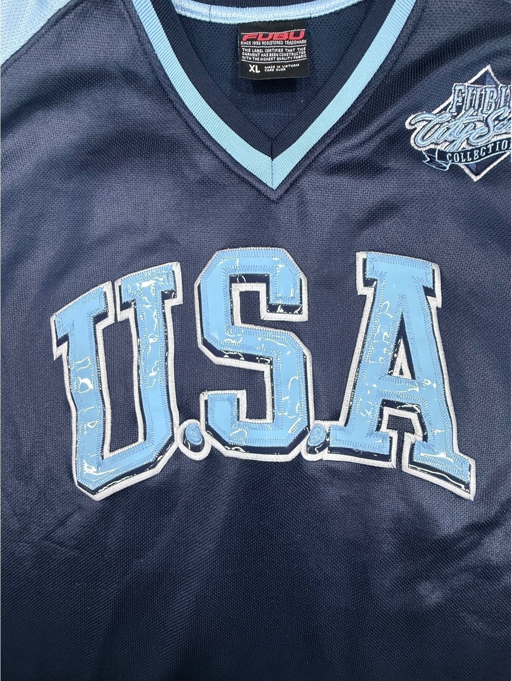 Vintage FUBU USA Mesh Jersey Shirt Size XL Navy Blue Light Blue